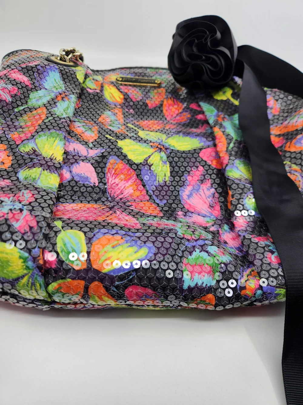 Betsey Johnson Butterfly Sequin Satchel Bag - Black